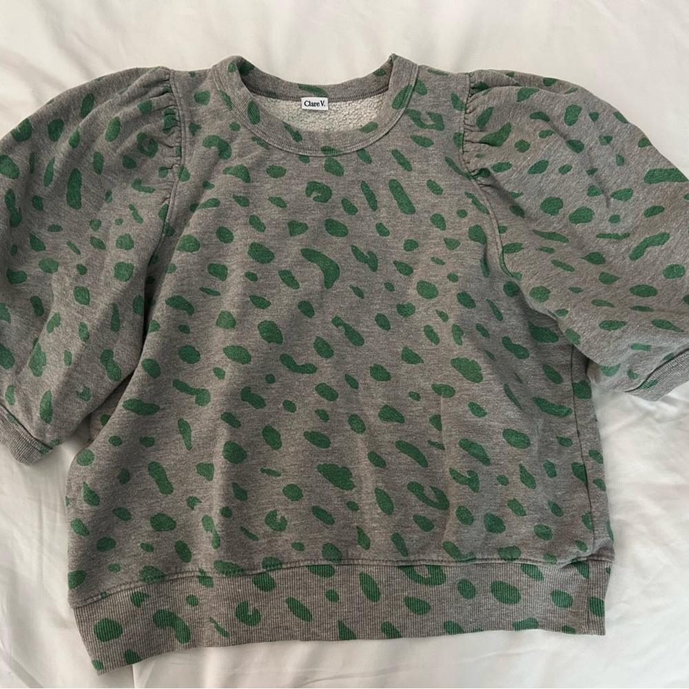 Clare V Gray and Green leopard puff sleeve